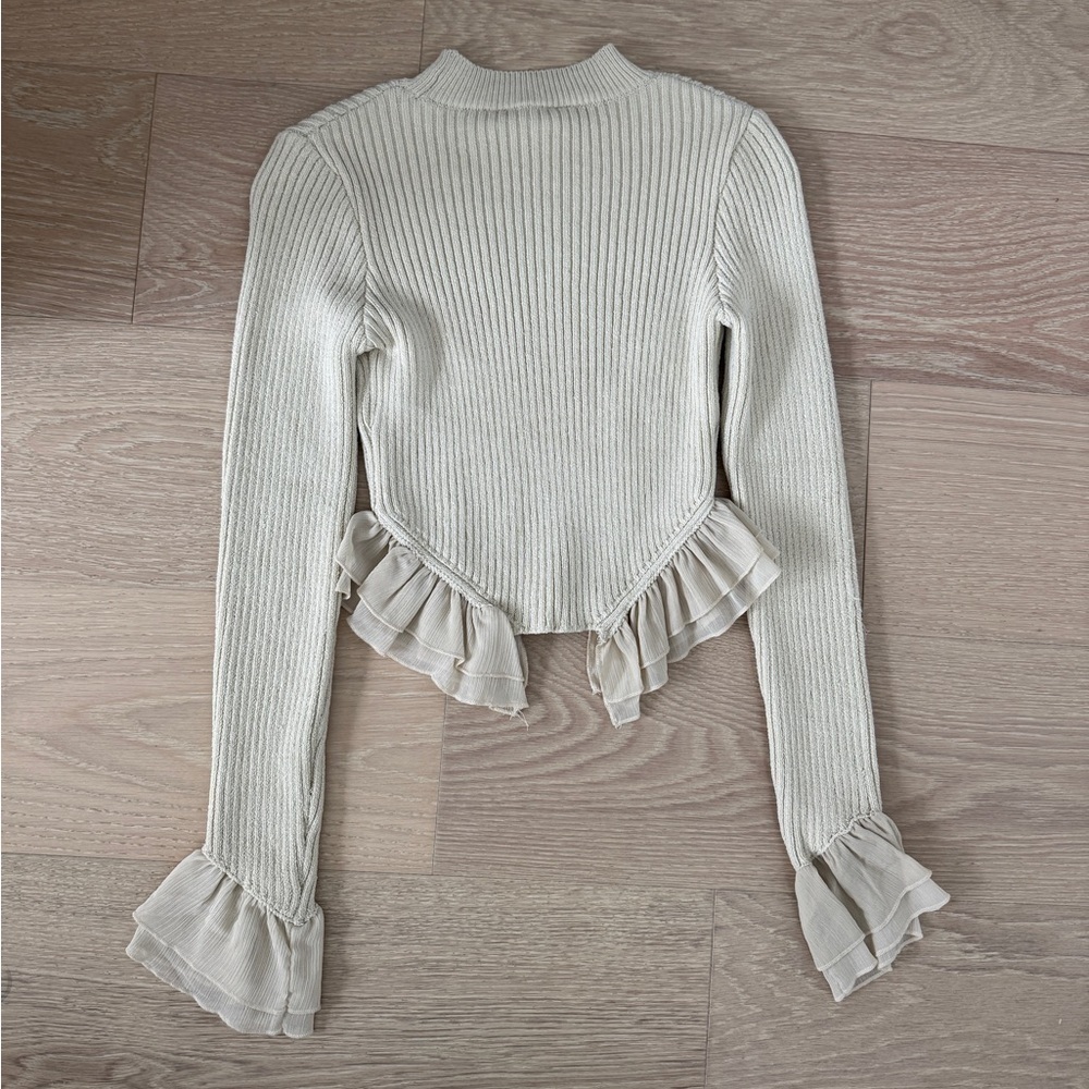 Zara Beige Solid Rib-Knit Ruffle Hem Pullover Sweater Crew Neck Long Sleeve S - Picture 2 of 5
